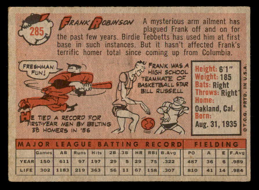 1958 Topps Baseball #285 Frank Robinson Reds VG 562865
