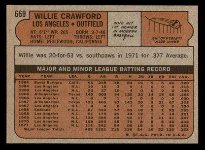 1972 Topps Baseball #669 Willie Crawford Dodgers EX-MT 562873
