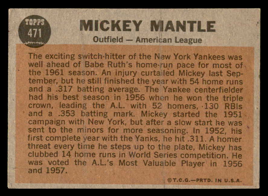 1962 Topps Baseball #471 Mickey Mantle A.S. Yankees GD pin hole 562874
