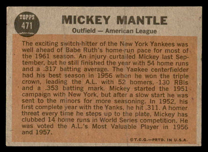 1962 Topps Baseball #471 Mickey Mantle A.S. Yankees GD pin hole 562874