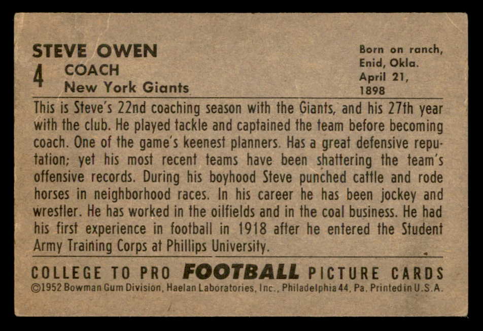 1952 Bowman Large Football #004 Steve Owen Giants VG-EX 562878