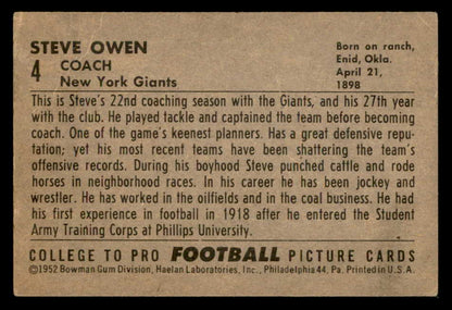 1952 Bowman Large Football #004 Steve Owen Giants VG-EX 562878