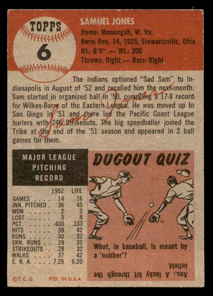 1953 Topps Baseball #006 Sam Jones Indians EX-MT 562880