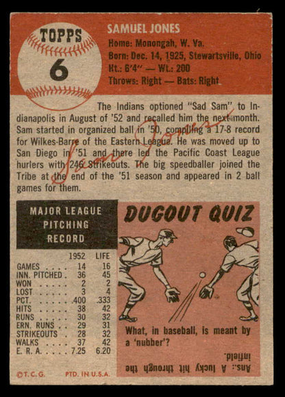 1953 Topps Baseball #006 Sam Jones Indians EX-MT 562880
