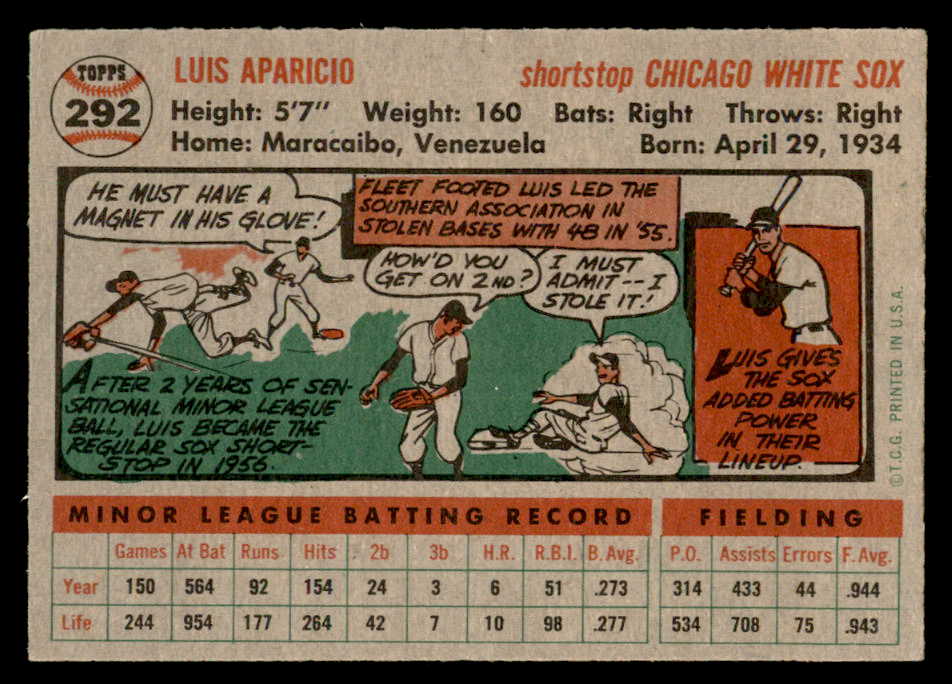 1956 Topps Baseball #292 Luis Aparicio White Sox VG-EX 562881