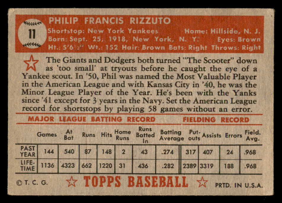 1952 Topps Baseball #011 Phil Rizzuto Yankees VG-EX Red 562883