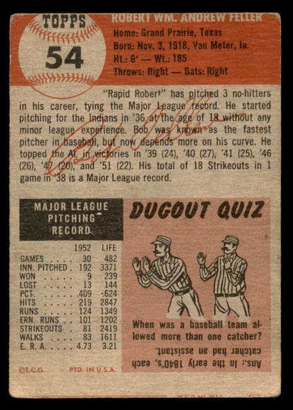 1953 Topps Baseball #054 Bob Feller Indians VG 562884