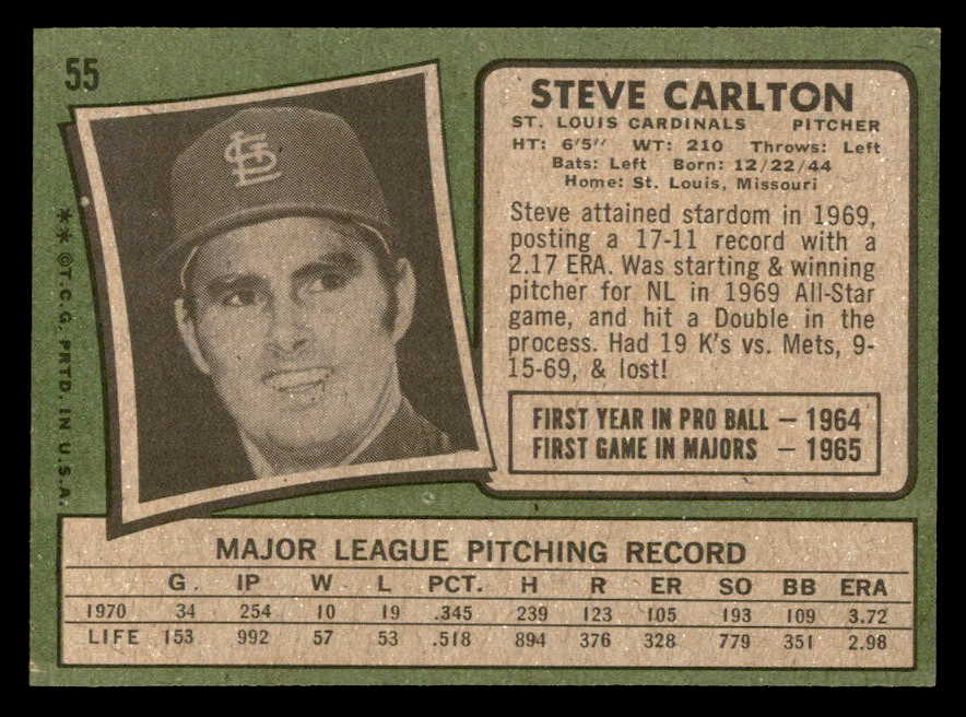 1971 Topps Baseball #055 Steve Carlton Cardinals EX+/EX-MT 562886
