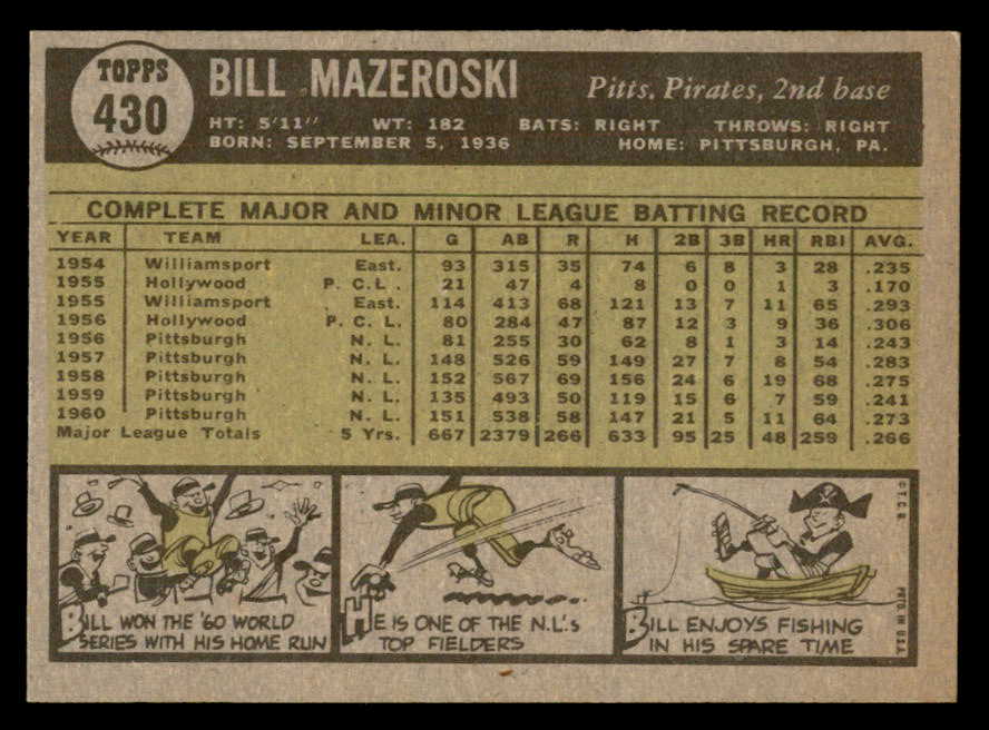 1961 Topps Baseball #430 Bill Mazeroski Pirates EX-MT 562893