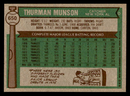 1976 Topps Baseball #650 Thurman Munson Yankees NR-MT 562910