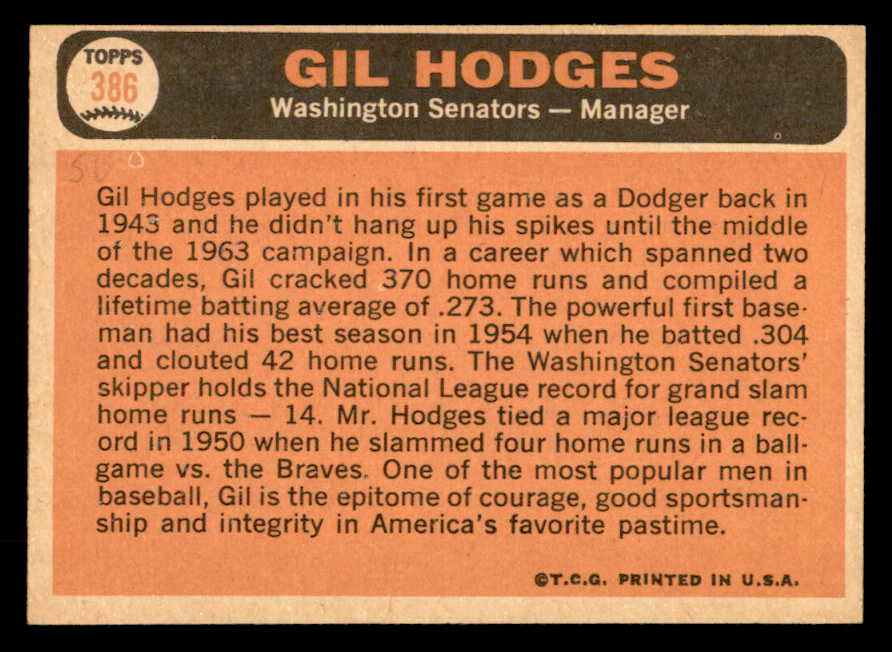 1966 Topps Baseball #386 Gil Hodges Senators NR-MT 562911