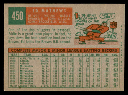 1959 Topps Baseball #450 Eddie Mathews Braves NR-MT 562913