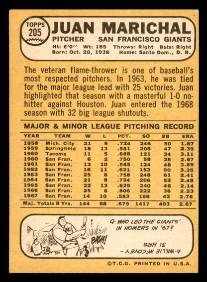1968 Topps Baseball #205 Juan Marichal Giants NR-MT 562916