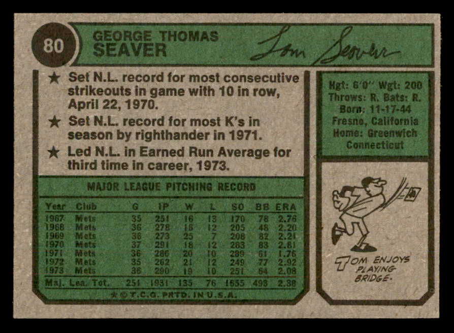 1974 Topps Baseball #080 Tom Seaver Mets NR-MT 562918