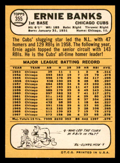 1968 Topps Baseball #355 Ernie Banks Cubs NR-MT 562920