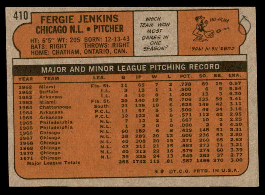 1972 Topps Baseball #410 Fergie Jenkins Cubs NR-MT 562924