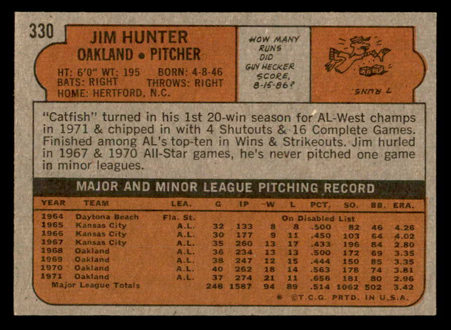 1972 Topps Baseball #330 Catfish Hunter A's NR-MT 562925