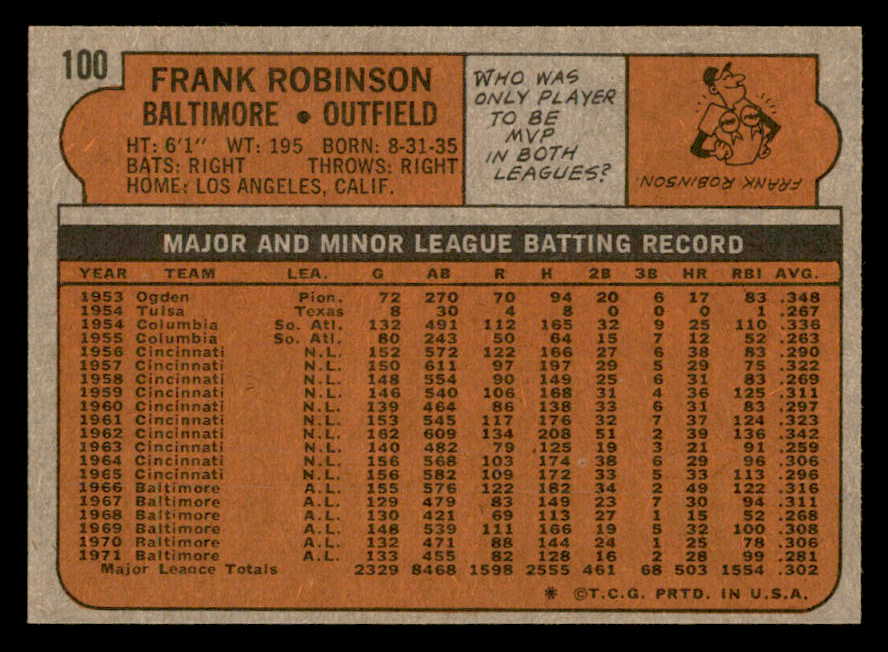 1972 Topps Baseball #100 Frank Robinson Orioles NR-MT 562927