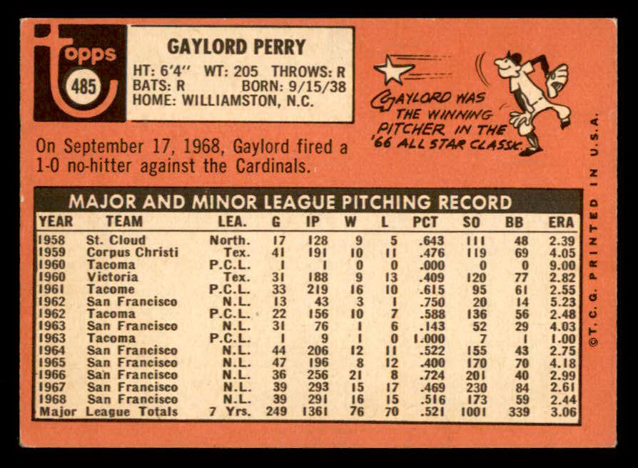 1969 Topps Baseball #485 Gaylord Perry Giants EX 562933