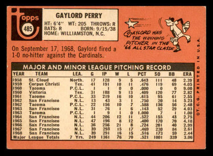 1969 Topps Baseball #485 Gaylord Perry Giants EX 562933