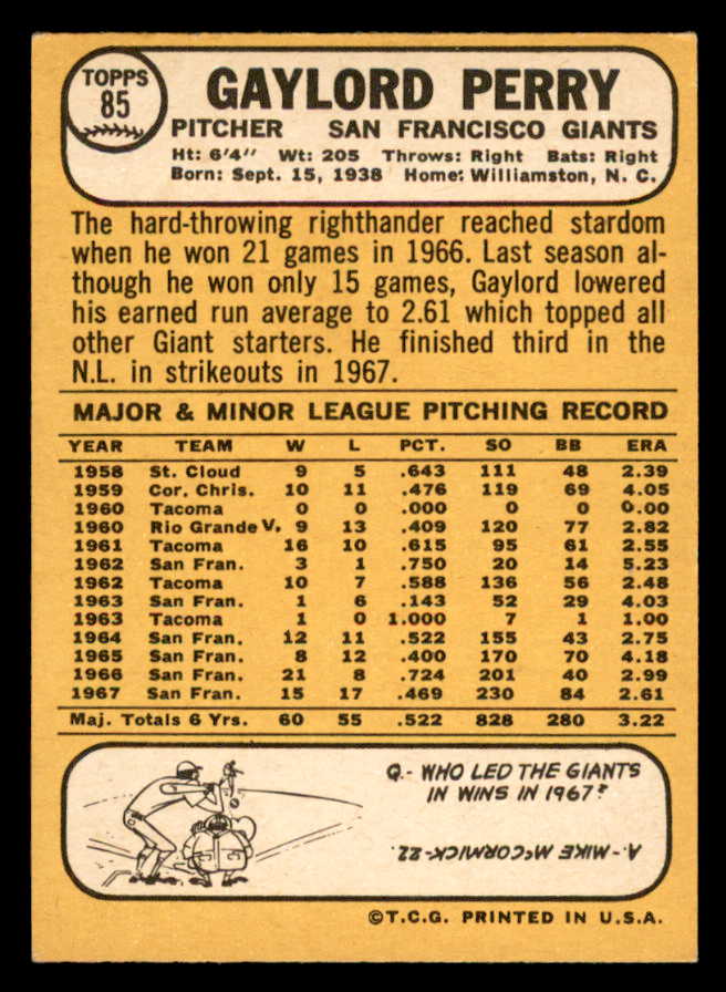 1968 Topps Baseball #085 Gaylord Perry Giants VG-EX 562935