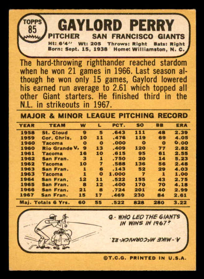 1968 Topps Baseball #085 Gaylord Perry Giants VG-EX 562935