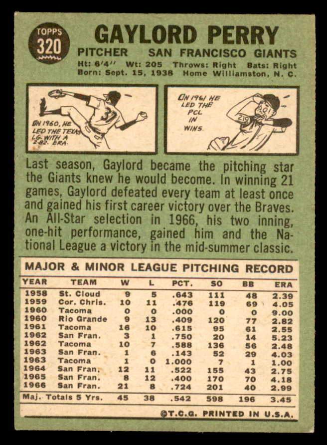 1967 Topps Baseball #320 Gaylord Perry Giants EX-MT 562936