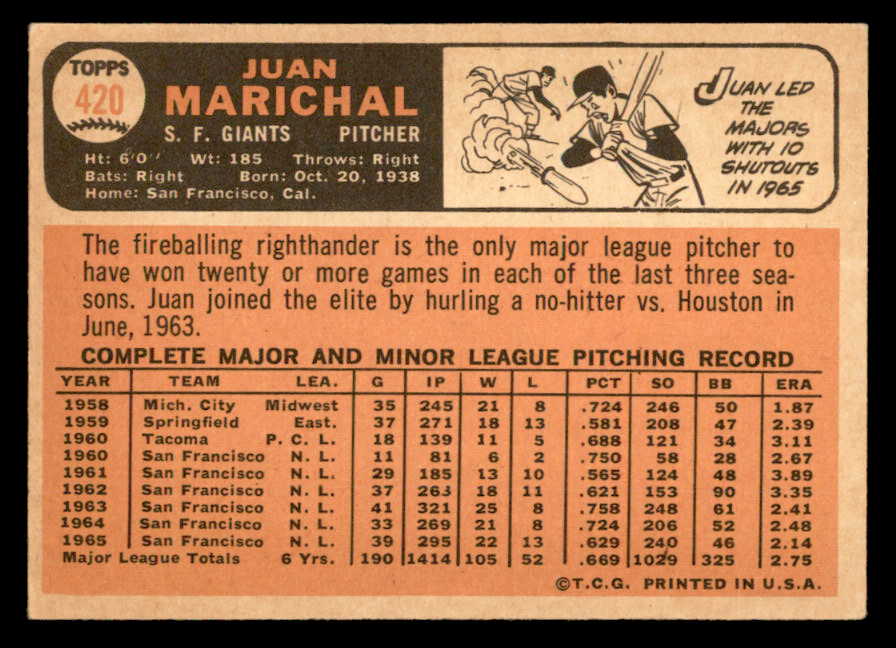 1966 Topps Baseball #420 Juan Marichal Giants EX+/EX-MT 562940