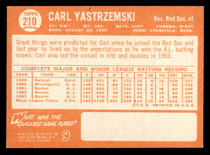 1964 Topps Baseball #210 Carl Yastrzemski Red Sox EX-MT 562944