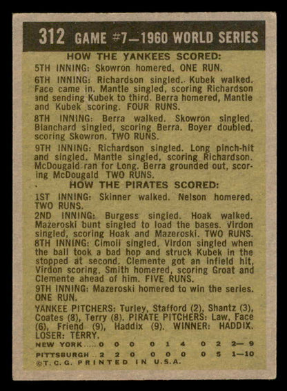 1961 Topps Baseball #312 World Series Game 7 Bill Mazeroski VG-EX 562953