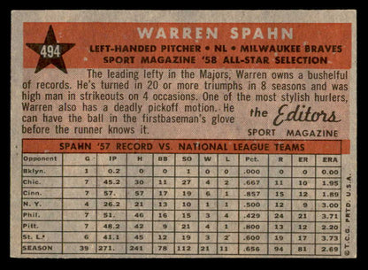 1958 Topps Baseball #494 Warren Spahn A.S. Braves EX-MT 562958