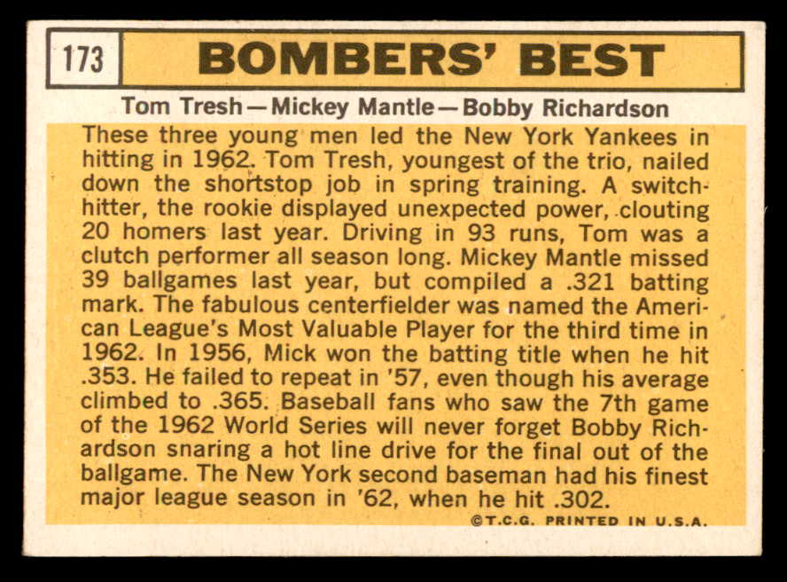 1963 Topps Baseball #173 Mickey Mantle Bobby Richardson EX-MT 562962