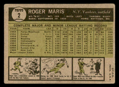 1961 Topps Baseball #002 Roger Maris Yankees VG 562981