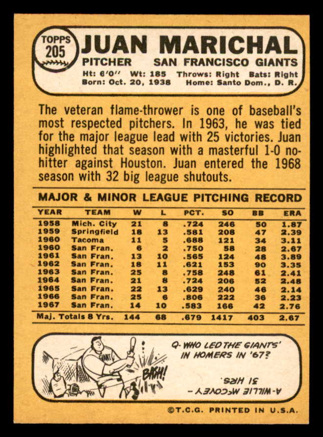 1968 Topps Baseball #205 Juan Marichal Giants NR-MT 562998