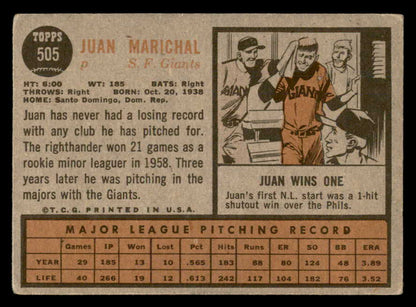 1962 Topps Baseball #505 Juan Marichal Giants VG 563007