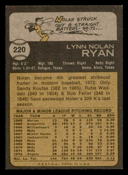 1973 Topps Baseball #220 Nolan Ryan Angels EX-MT 563014
