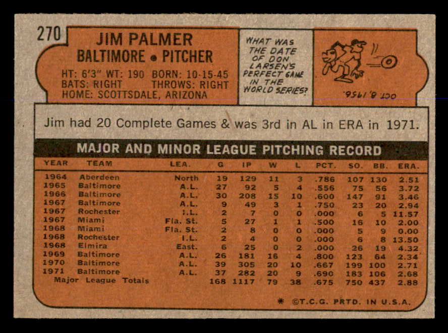 1972 Topps Baseball #270 Jim Palmer Orioles EX-MT 563027