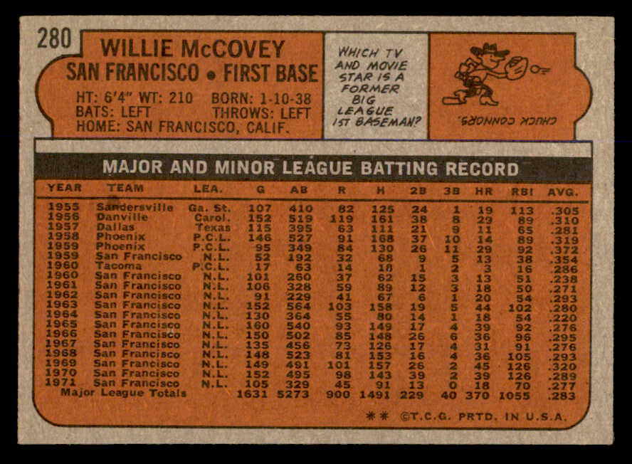 1972 Topps Baseball #280 Willie McCovey Giants EX-MT 563029