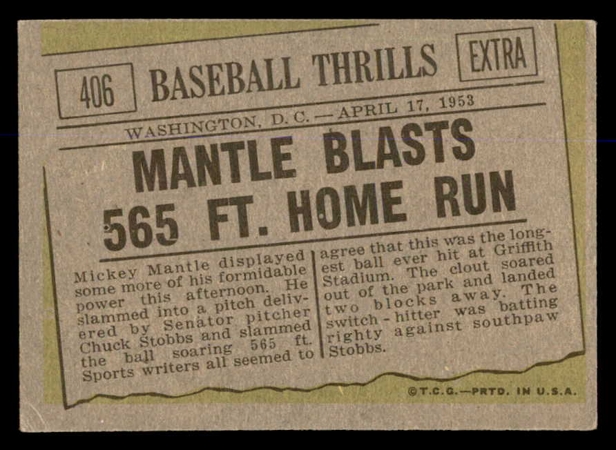 1961 Topps Baseball #406 Mickey Mantle IA Yankees VG-EX 563042