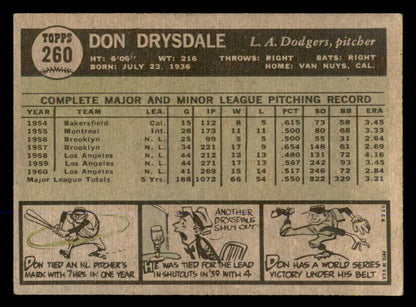 1961 Topps Baseball #260 Don Drysdale Dodgers VG-EX 563043