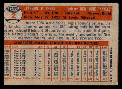1957 Topps Baseball #002 Yogi Berra Yankees VG-EX 563060
