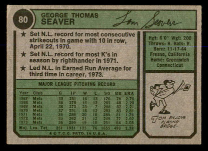 1974 Topps Baseball #080 Tom Seaver Mets VG-EX 563063