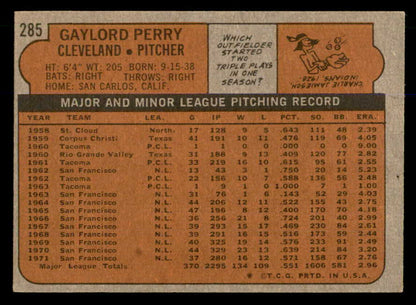 1972 Topps Baseball #285 Gaylord Perry Indians VG-EX 563070