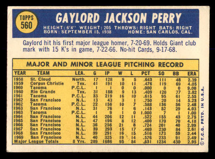 1970 Topps Baseball #560 Gaylord Perry Giants VG-EX 563078