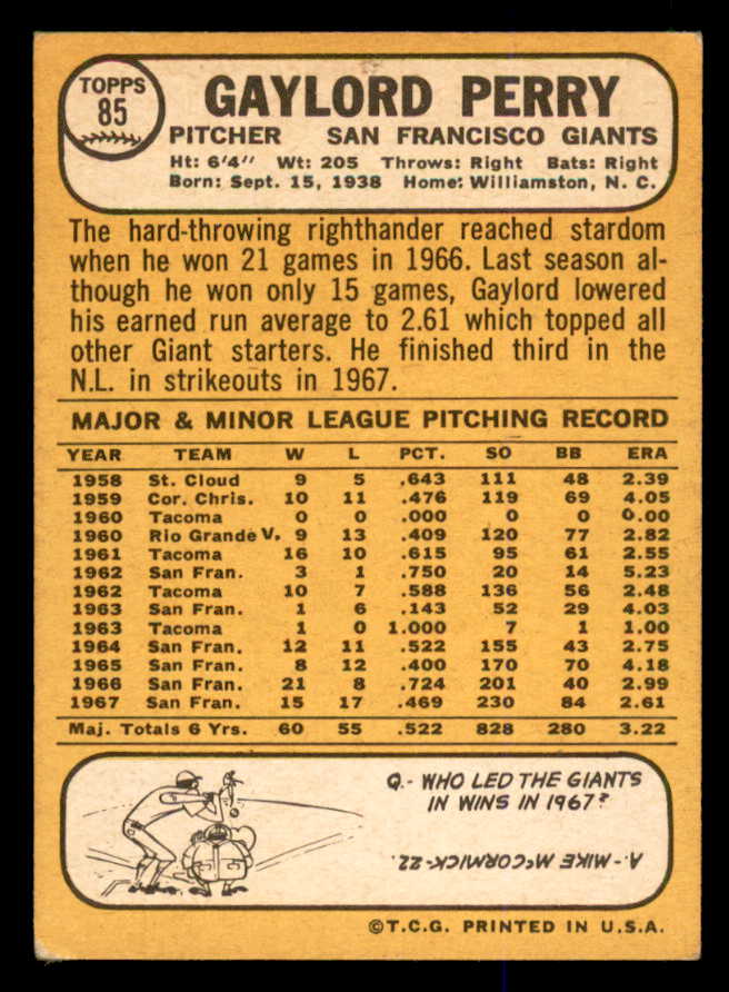 1968 Topps Baseball #085 Gaylord Perry Giants VG-EX 563081