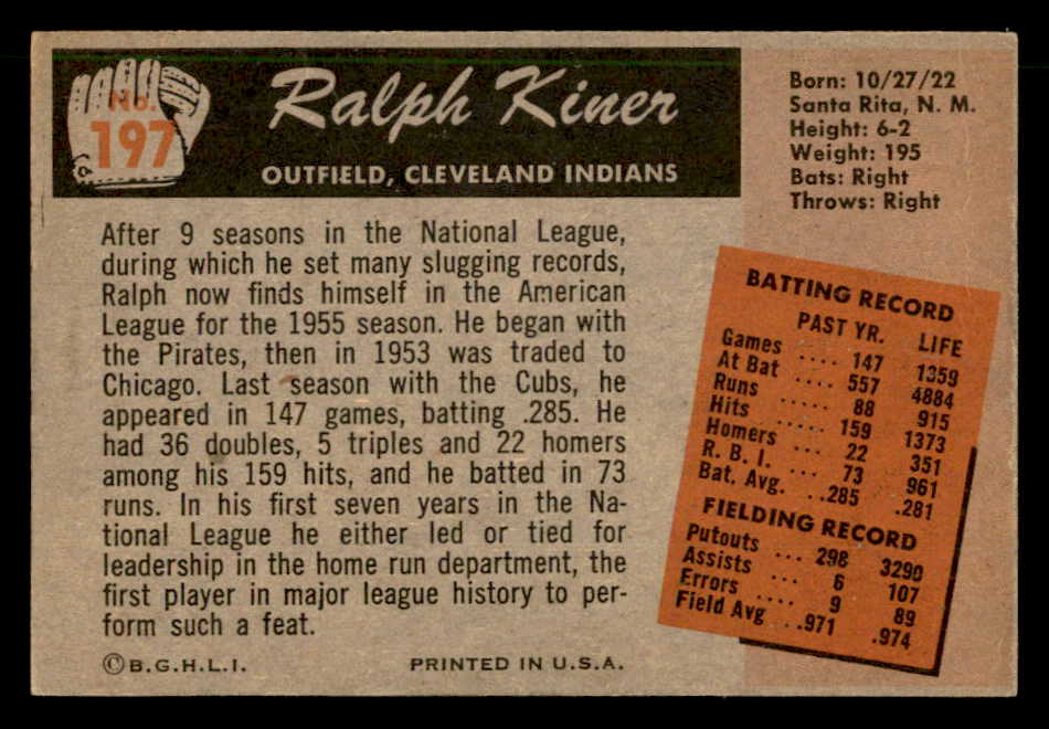 1955 Bowman Baseball #197 Ralph Kiner Indians EX+/EX-MT 563100