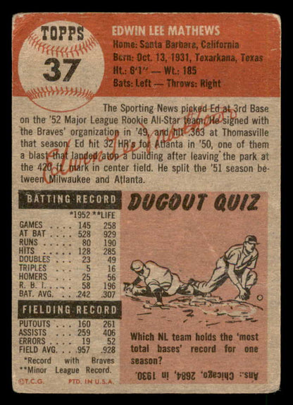 1953 Topps Baseball #037 Eddie Mathews Braves Fair 563102