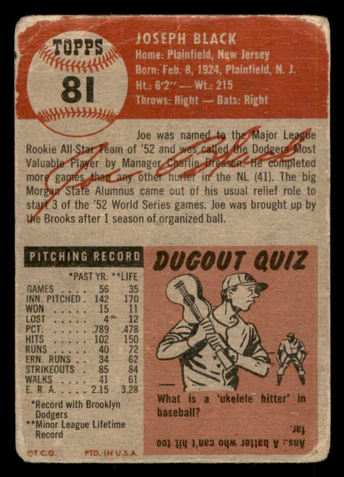 1953 Topps Baseball #081 Joe Black Dodgers Good 563104