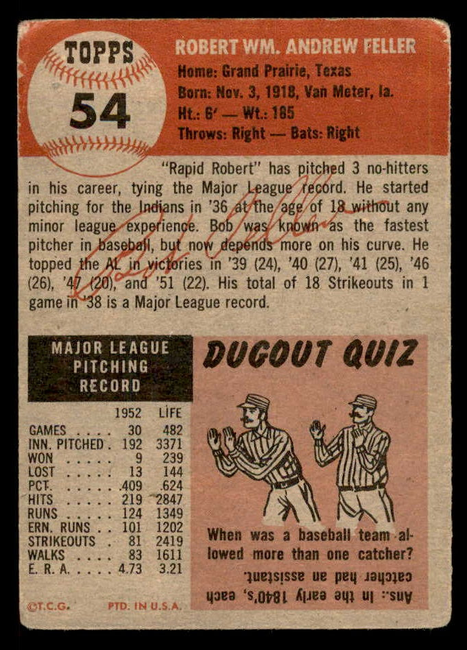 1953 Topps Baseball #054 Bob Feller Indians VG 563106