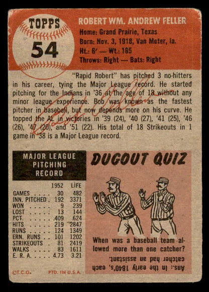 1953 Topps Baseball #054 Bob Feller Indians VG 563106
